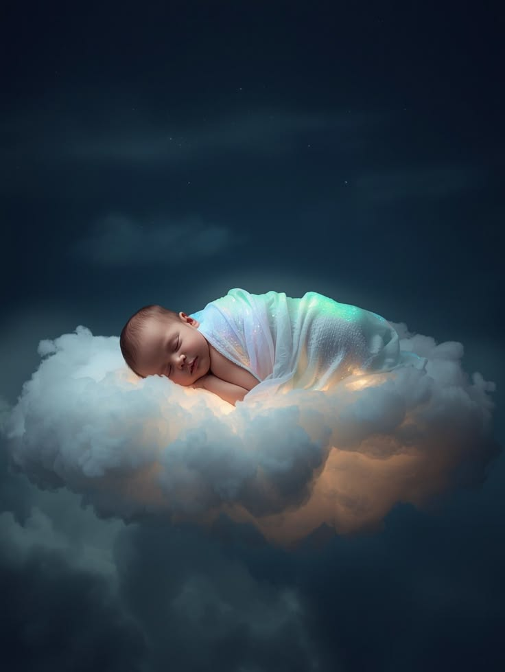 A peacefully sleeping baby resting on a cloud